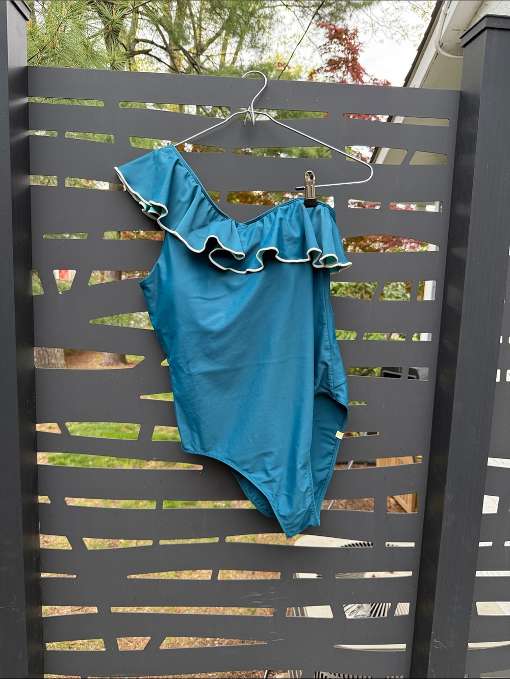 Summersalt two-tone Teal One-Shoulder Ruffle One-Piece Swimsuit with White Trim